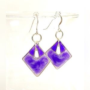 HANDMADE Abstract Geometric Resin Art Dangle Sterling Silver French Hook Earring